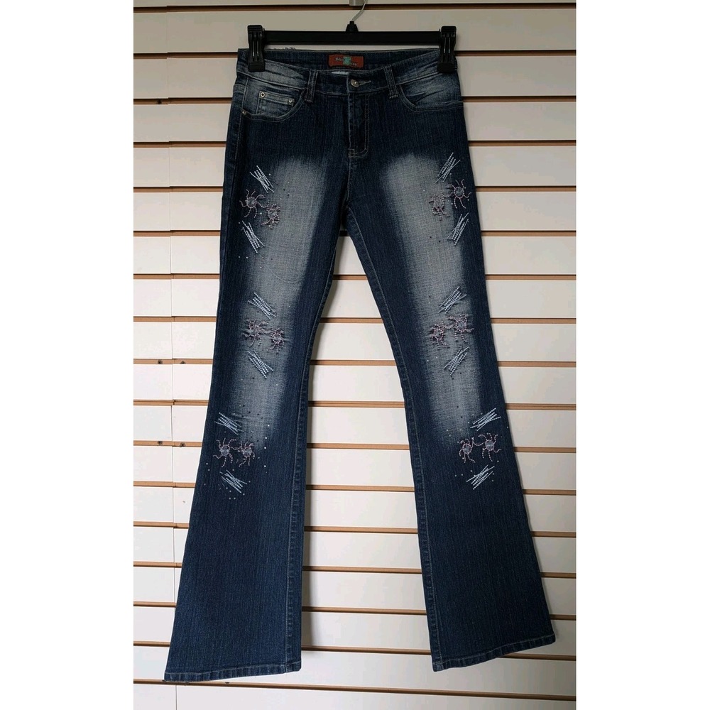 Y2K Silver Kiss Flared Jeans Bootcut Embellished Spider Beadwork Women Teen Sz 7